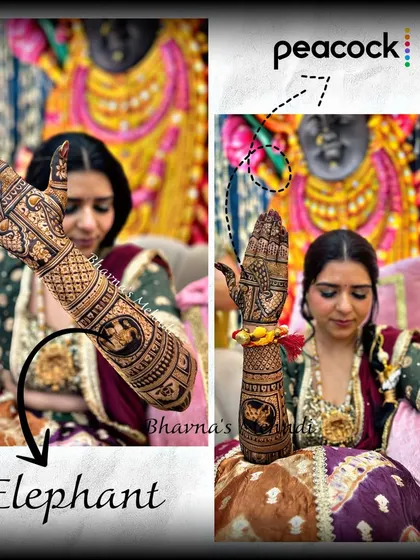 We love adding personal touches. This bridal design features majestic elephants and graceful peacocks, symbols of royalty and beauty in Indian weddings.