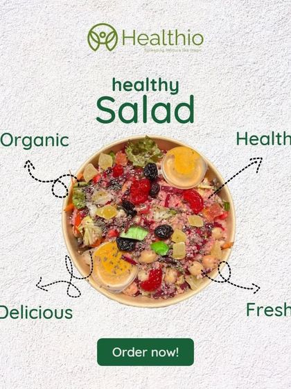 Our salads are organic, healthy, delicious, and fresh. This graphic highlights the four pillars of our salad-making philosophy, featuring a vibrant bowl full of colorful ingredients.
