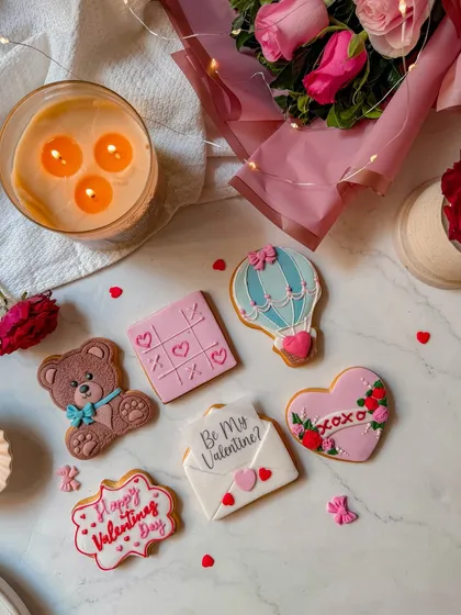 A beautiful collection of hand-decorated Valentine's Day cookies, featuring designs like teddy bears, love letters, and hot air balloons. Each cookie is a small, edible piece of art.