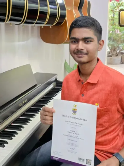 We celebrate John Fernandes on his outstanding achievement of 96 percent in the Grade 3 Theory of Music exam from Trinity College London. A strong grasp of theory is fundamental to musical excellence, and John has proven his expertise.