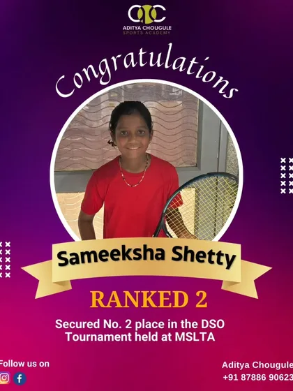 Congratulations to Sameeksha Shetty for securing the No. 2 rank in the DSO Tournament held at MSLTA. Her performance makes our academy proud.