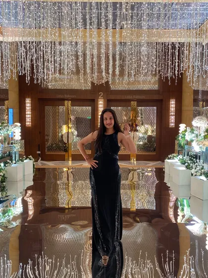 A full-length shot of my cocktail party look at the Jio World Convention Centre.