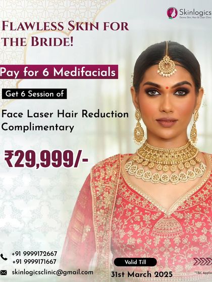 My "Flawless Skin for the Bride" package is designed for the ultimate pre-wedding preparation. When you pay for six Medifacials, you receive six complimentary sessions of Face Laser Hair Reduction.