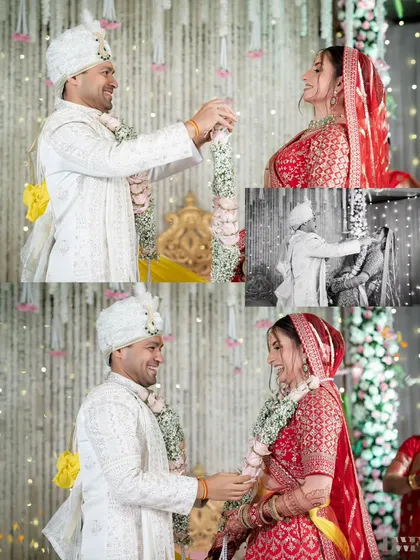 A collage of the Varmala ceremony, including a beautiful black and white inset that adds a timeless, artistic touch.
