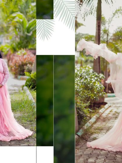 This collage showcases the "flying gown" effect with our pink maternity dress. The lightweight train catches the wind perfectly for dynamic and beautiful shots.