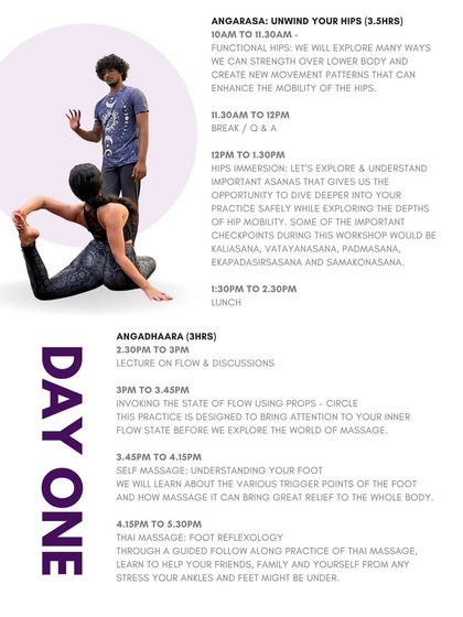 Day one of our Angarasa workshop focuses on unwinding the hips. We explore functional movements, self massage for the feet, and how to invoke a state of flow using props.