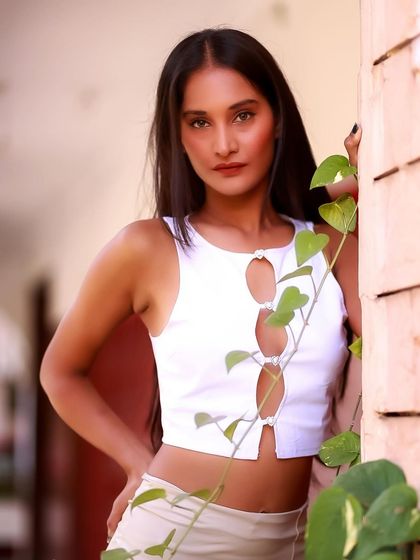 A beautiful portrait using natural elements to frame the shot. The green leaves add a touch of organic beauty to her modern look.