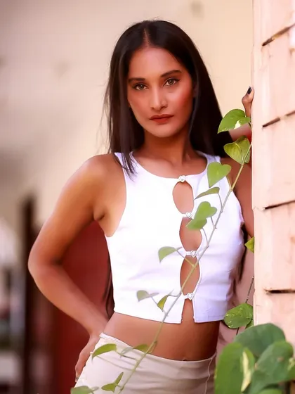 A beautiful portrait using natural elements to frame the shot. The green leaves add a touch of organic beauty to her modern look.