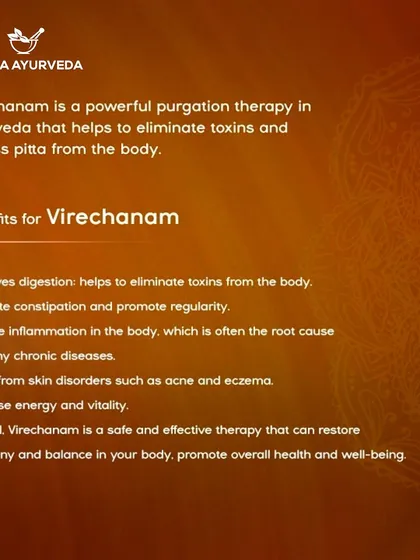 This image lists the key benefits of Virechana therapy, including improved digestion, relief from skin disorders, increased energy, and a reduction in chronic inflammation.