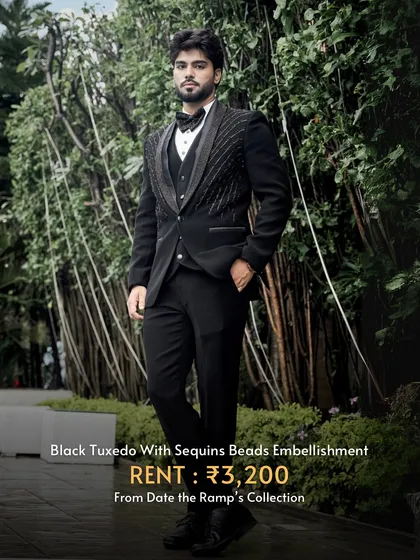 For the men who want to look sharp and timeless. A well-fitted tuxedo with sequin bead embellishments is a power move for any cocktail night or reception, and it's available for a fraction of the retail price.