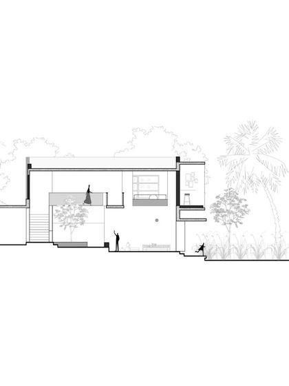A sectional drawing of the Aayi House, illustrating the design's focus on natural ventilation and visual connectivity between spaces.