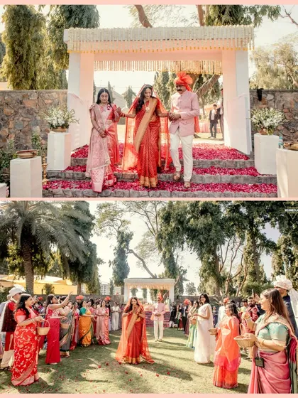 A collage of the bride's entry, walking with her family and being showered with petals by guests.