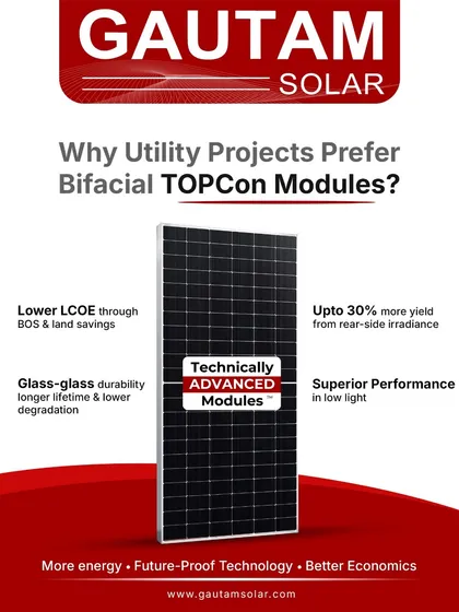 Our Bifacial TOPCon modules are the preferred choice for utility-scale solar projects. They are engineered to deliver a lower LCOE through BOS savings, superior durability with a glass-glass structure, and up to 30% more yield from rear-side irradiance.