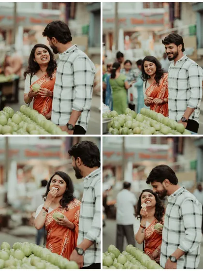 A fun and candid sequence of the couple enjoying street food together, capturing genuine smiles and playful interactions.