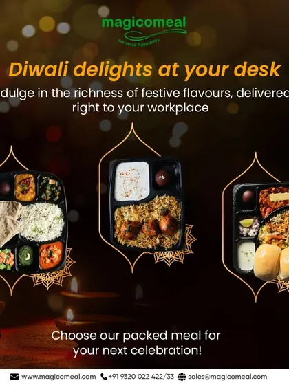 Our packed meal solutions are perfect for office celebrations like Diwali. This image displays our festive thalis, delivered directly to your desk for a convenient and hygienic feast.