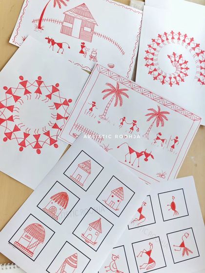 A collection of course materials showing different Warli elements. You'll learn to draw huts, animals, trees, and dancing figures, which are the building blocks for your own unique compositions.