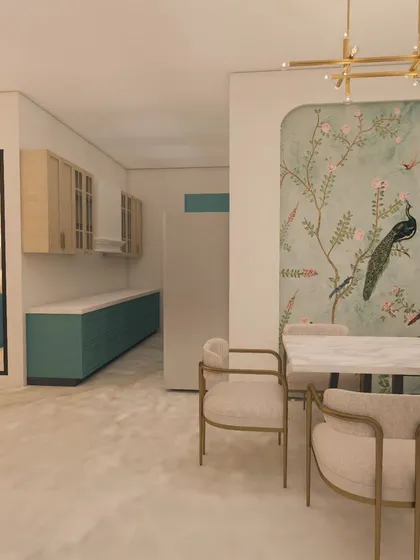 A 3D render showing how a beautiful wallpaper can enhance a dining space. This design connects the dining area to the kitchen, creating a cohesive look.