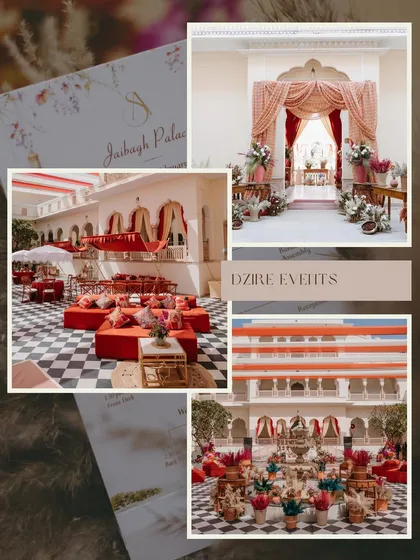 A collage of the vibrant and colorful Mehendi decor at a Jaipur palace, along with the elegant wedding stationery.