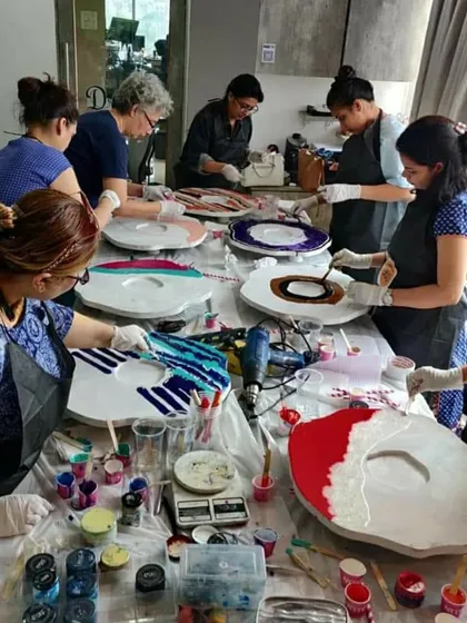 The joy in my workshops is seeing people connect with their creativity. This is a snapshot from one of my geode coffee table workshops, where a group of wonderful people learned to pour resin and create their own beautiful tables to take home.
