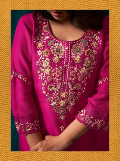 The magic is in the details. This is a close-up of the intricate floral and zardosi embroidery on one of my custom kurta sets. I am very particular about using high-quality fabrics and handwork to create pieces that feel truly special.