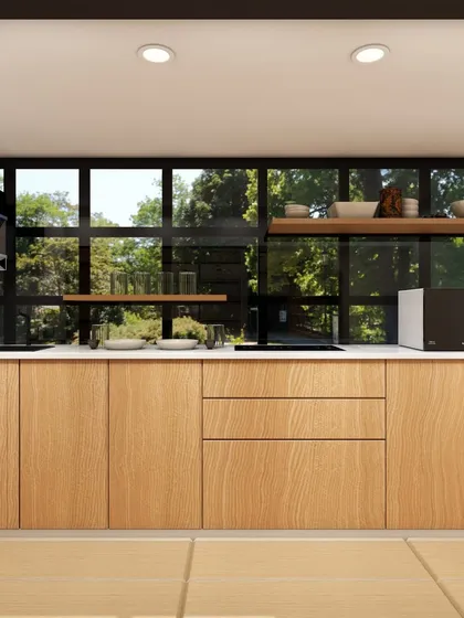 This 3D render shows a clean and modern office pantry design. Visualizing this space helps in planning the layout of cabinets, appliances, and workflow for maximum convenience for employees.