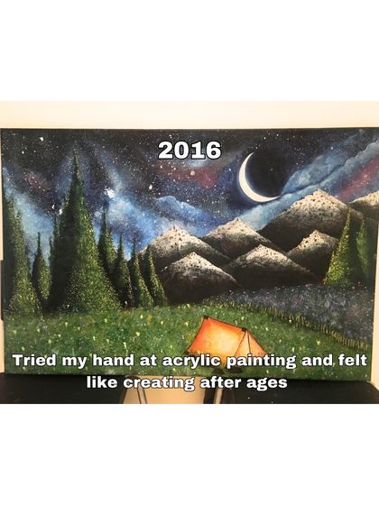 This takes me all the way back to 2016. I was just trying my hand at acrylic painting after a long break from creating. This nighttime camping scene was one of my first real experiments with the medium and it reignited my passion for art.