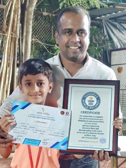 A double victory. Swaransh More holds his 1st place certificate from the Aarambha competition alongside a Guinness World Record certificate, showcasing his exceptional talent and achievements.