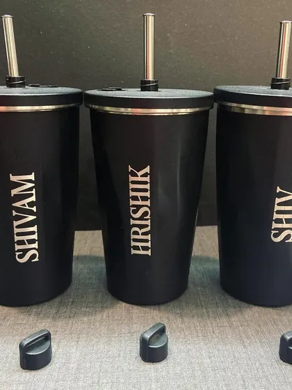 A set of three personalised geometric sippers. The bold, blocky font for the names gives these tumblers a very contemporary feel.
