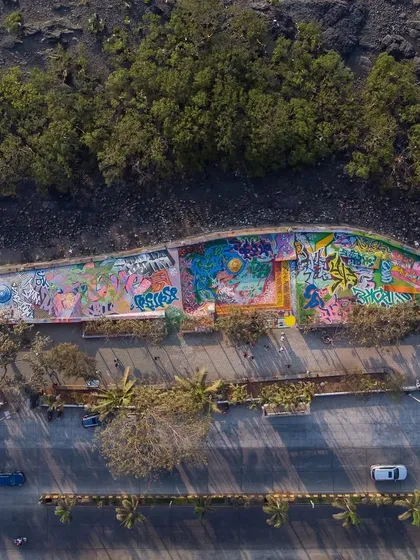 The full scale of the Carter Road Skatepark project in Mumbai, seen from a drone. I led a crew of artists to transform this entire public space, showing the massive impact a coordinated graffiti project can have.