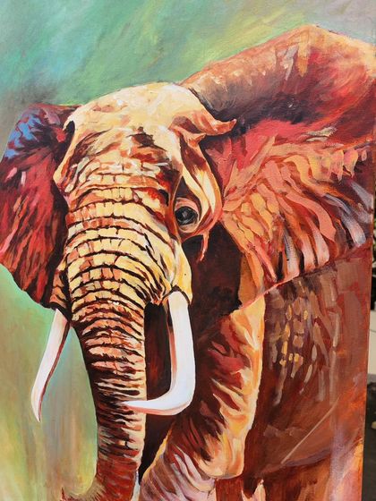 Another angle of our majestic elephant painting, highlighting the warm red and orange tones that bring the animal's powerful form to life.