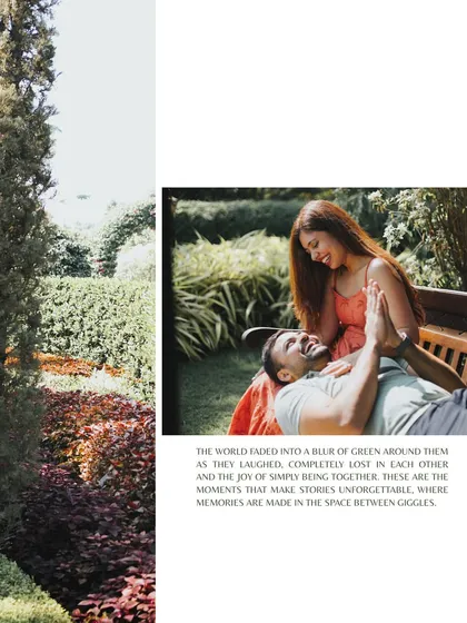 A creative composition showing the couple in a moment of laughter, lost in each other. This image from their nature-filled pre-wedding shoot is about the joy of simply being together.