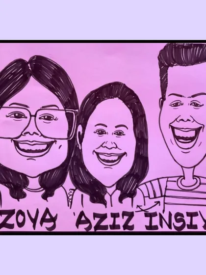 A fun group caricature of three friends drawn live at an event in Vidyavihar. It's always a joy to draw groups and capture their dynamic.