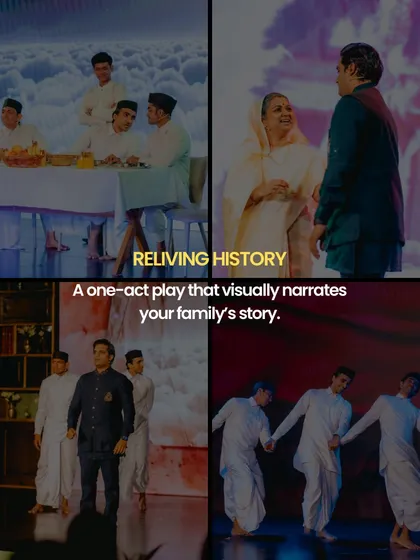 Imagine your family's history unfolding live on stage. We specialize in creating one-act plays that visually narrate your story, turning cherished memories and milestones into a powerful, live performance for everyone to experience together.