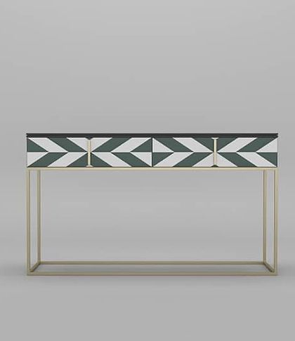 A frontal view Bedingungen the symmetry and bold design of our geometric console table, a piece that is both art and furniture.