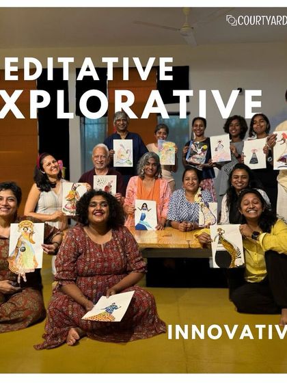A joyful group photo from our "Meet Gustav Klimt" self portrait workshop with artist Indu Harikumar. Participants hold up their creative portraits, reimagined in the opulent style of Klimt's Golden Period.