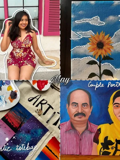 My photo recap from May. This collage highlights a variety of my work from that month, including a sunflower canvas, a custom tote bag, and a painted couple portrait.