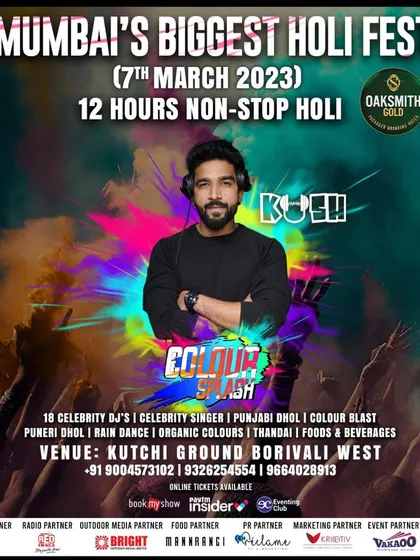Headlining Mumbai's biggest Holi festival is a huge rush. This event poster shows the scale of the productions I'm involved in, featuring a 12 hour non-stop music marathon with celebrity DJs, Punjabi dhol, and rain dance setups.