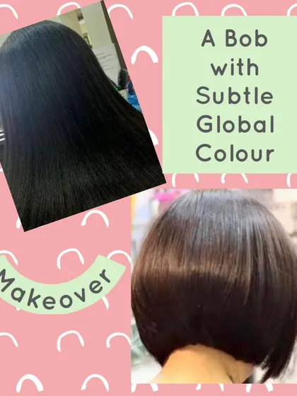 A classic bob haircut enhanced with a subtle global color. The rich, even color gives the hair a healthy shine and makes the sharp lines of the bob stand out.