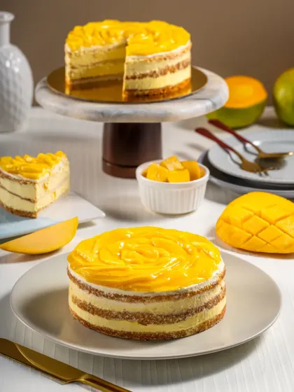A full spread of mango-themed desserts, including whole cakes and slices, showcasing a seasonal menu for Barista.
