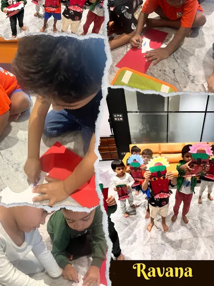 Bringing the ten-headed Ravana to life! The kids proudly show off the Ravana masks they created. This craft activity helps them understand the characters and key elements of the Dussehra story.