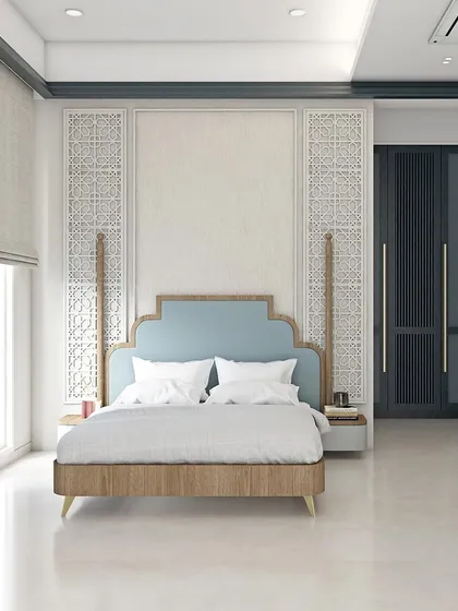 Another view of the Mediterranean-inspired guest bedroom render, showing the spacious and airy layout.