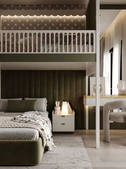 Another perspective of the bunk bed room, highlighting the channel-tufted green headboard and the soft, warm lighting that makes the space feel cozy and secure.