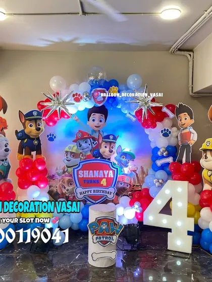 A fun-filled Paw Patrol theme for a 4th birthday celebration. We created a complete scene with character cutouts of the whole pup squad, a custom backdrop, and a vibrant red, blue, and white balloon arrangement.