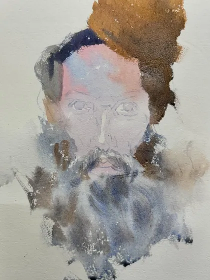 A work-in-progress watercolour portrait, showing the initial layers of colour and shadow.