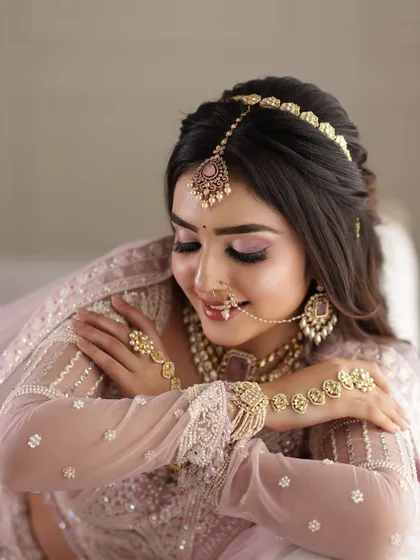 A soft and dreamy look in a pastel pink lehenga. The makeup features shimmery pink eyeshadow and a glowing complexion, perfect for a romantic event.