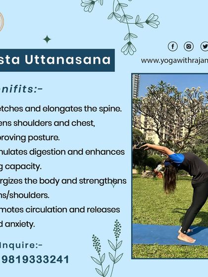 An informational graphic on Hasta Uttanasana (Raised Arms Pose), the second pose in Surya Namaskar. It details the benefits, such as elongating the spine and opening the chest.