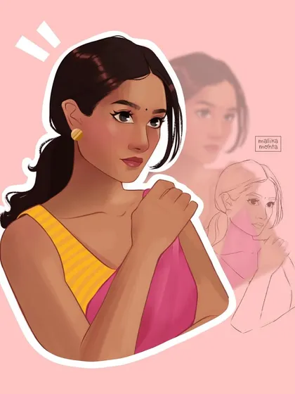 An individual portrait of a woman in a pink and yellow saree, showing the sketch and render. This piece demonstrates my process for creating expressive characters with a focus on color and emotion.