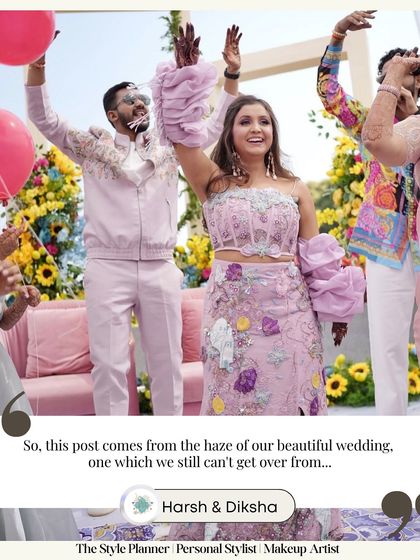 A candid moment from Diksha and Harsh's wedding festivities. I worked with them to create a fun, coordinated look with custom details like statement ruffled sleeves for the bride, ensuring they looked and felt amazing.