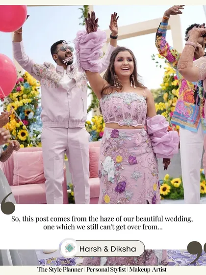 A candid moment from Diksha and Harsh's wedding festivities. I worked with them to create a fun, coordinated look with custom details like statement ruffled sleeves for the bride, ensuring they looked and felt amazing.