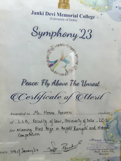 A closer look at my first prize certificate from the 'Symphony 23' fest. I am a proud henna artist and believe in showcasing my achievements.